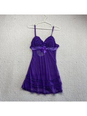 Y2K Always a Flirt Babydoll Lingerie Sz M Retro Purple Ruffle Sheer Coquette